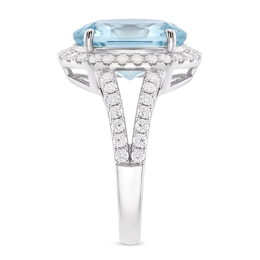 Oval Aquamarine And Natural Earth Mined Diamonds 16.35 Ct Anniversary Ring White Gold