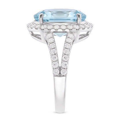 Oval Aquamarine And Natural Earth Mined Diamonds 16.35 Ct Anniversary Ring White Gold