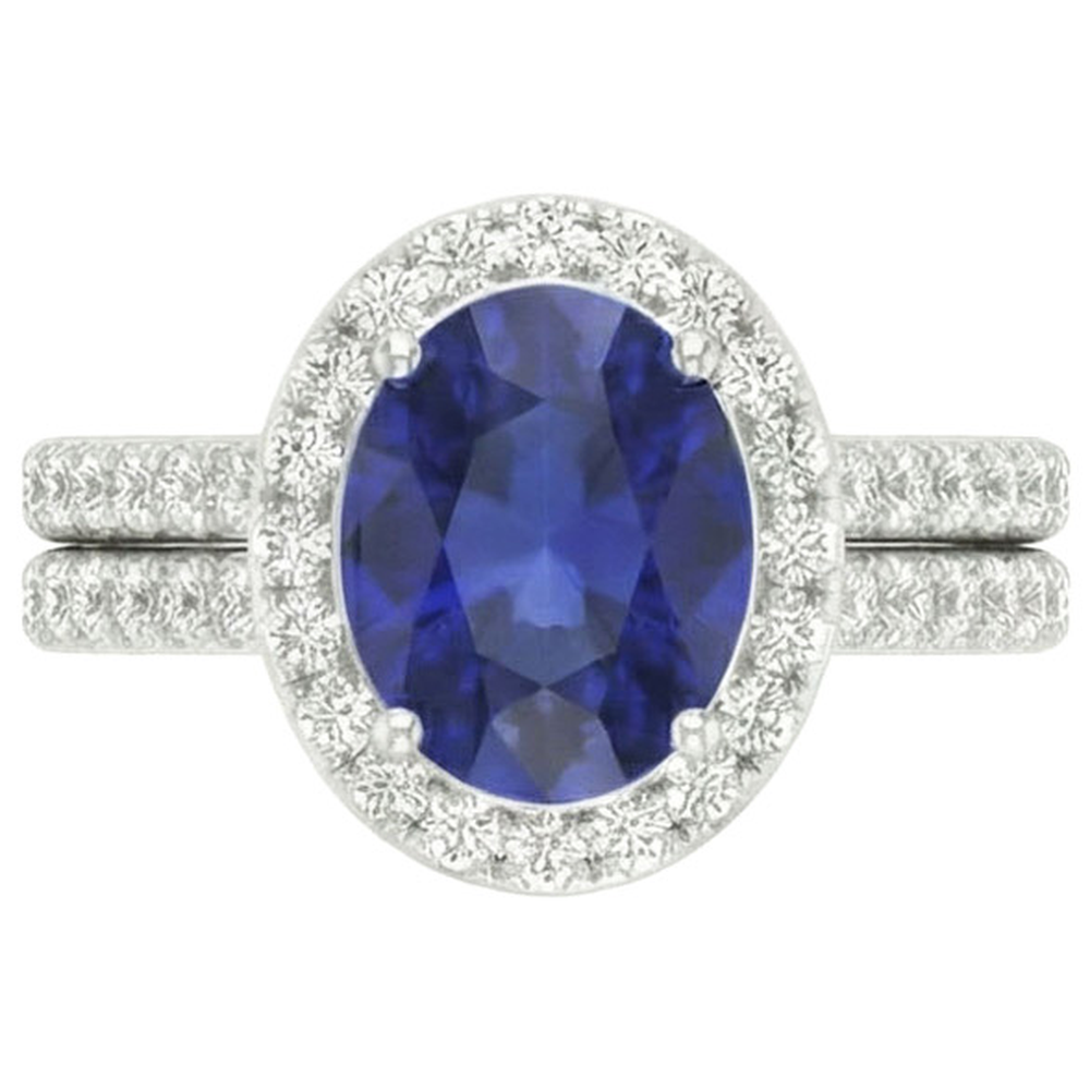 Natural Real ( Not Lab Grown )  Oval Blue Sapphire Halo Engagement Ring Set 10.25 Carats White Gold