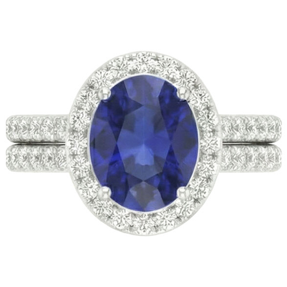 Natural Real ( Not Lab Grown )  Oval Blue Sapphire Halo Engagement Ring Set 10.25 Carats White Gold