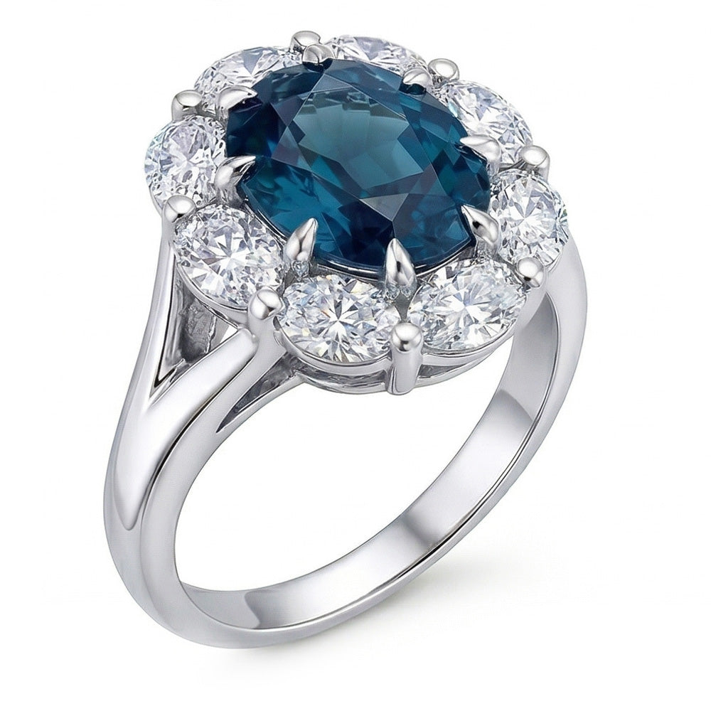 Oval Blue Sapphire Halo Natural Earth Mined Diamond Wedding Ring 3.30 Ct. White Gold 14K