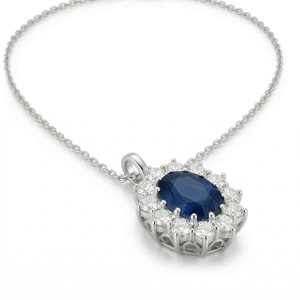 Oval Blue Sapphire With IGI CERTIFIED Diamonds Pendant Necklace 2.70 Ct White Gold