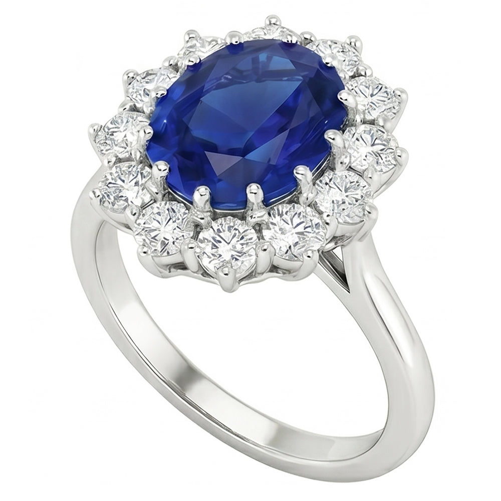 Oval Blue Sapphire & Round Natural Earth Mined Diamonds Halo Ring 6.50 Ct. White Gold 14K