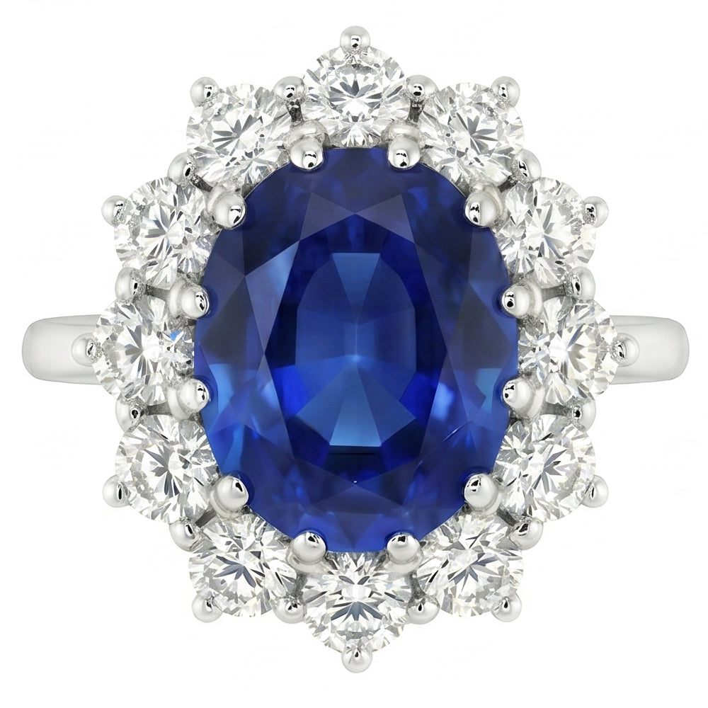 Oval Blue Sapphire & Round Natural Earth Mined Diamonds Halo Ring 6.50 Ct. White Gold 14K