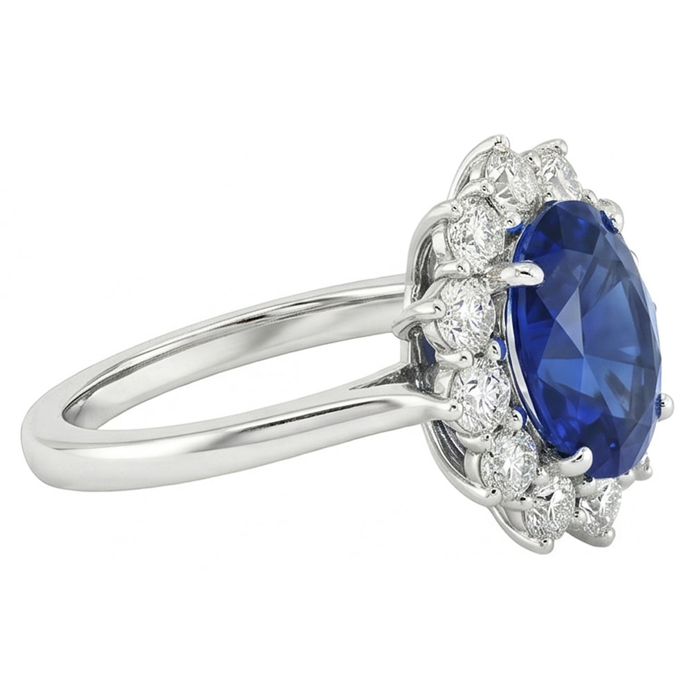 Oval Blue Sapphire & Round Natural Earth Mined Diamonds Halo Ring 6.50 Ct. White Gold 14K