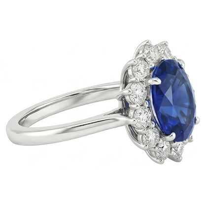 Oval Blue Sapphire & Round Natural Earth Mined Diamonds Halo Ring 6.50 Ct. White Gold 14K