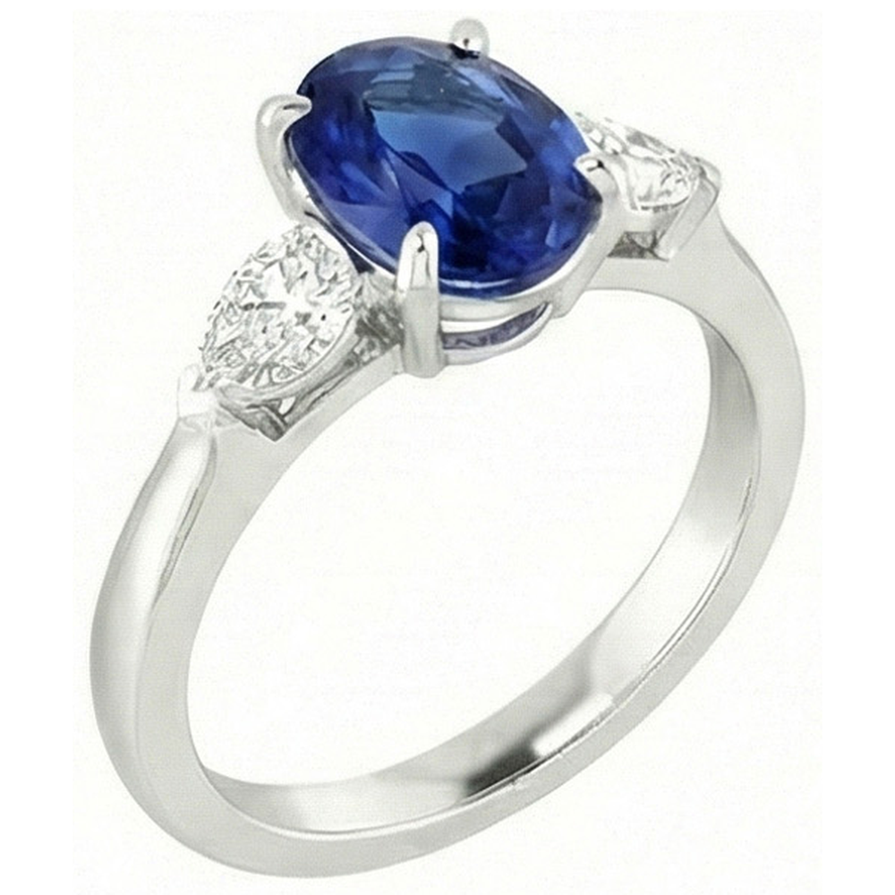 Oval Ceylon Sapphire And Pear Natural Earth Mined Diamond Three Stone Ring Gold 14K 3 Ct