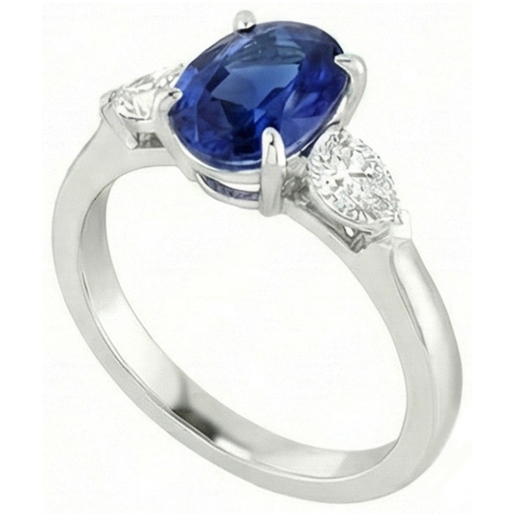 Oval Ceylon Sapphire And Pear Natural Earth Mined Diamond Three Stone Ring Gold 14K 3 Ct