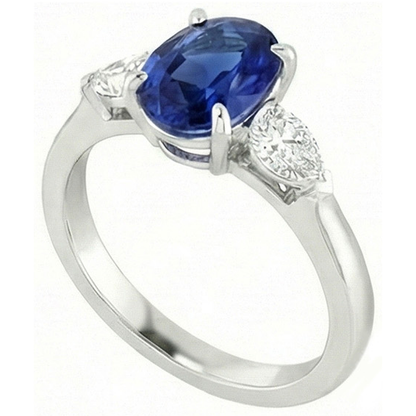 Oval Ceylon Sapphire And Pear Natural Earth Mined Diamond Three Stone Ring Gold 14K 3 Ct