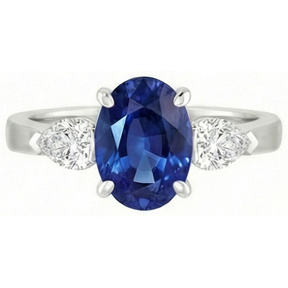 Oval Ceylon Sapphire And Pear Natural Earth Mined Diamond Three Stone Ring Gold 14K 3 Ct