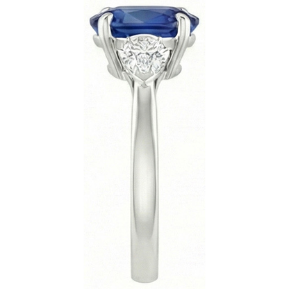 Oval Ceylon Sapphire And Pear Natural Earth Mined Diamond Three Stone Ring Gold 14K 3 Ct