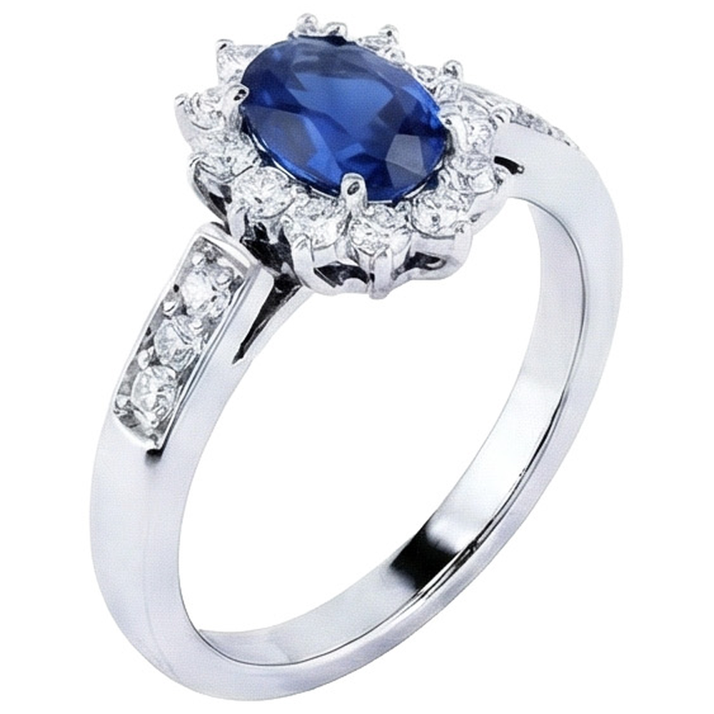 Oval Ceylon Sapphire And Round Cut Natural Earth Mined Diamonds Ring 2.50 Ct
