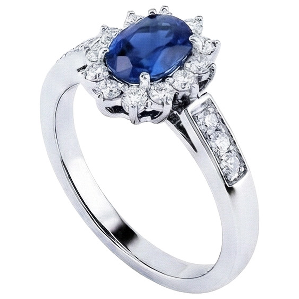 Oval Ceylon Sapphire And Round Cut Natural Earth Mined Diamonds Ring 2.50 Ct