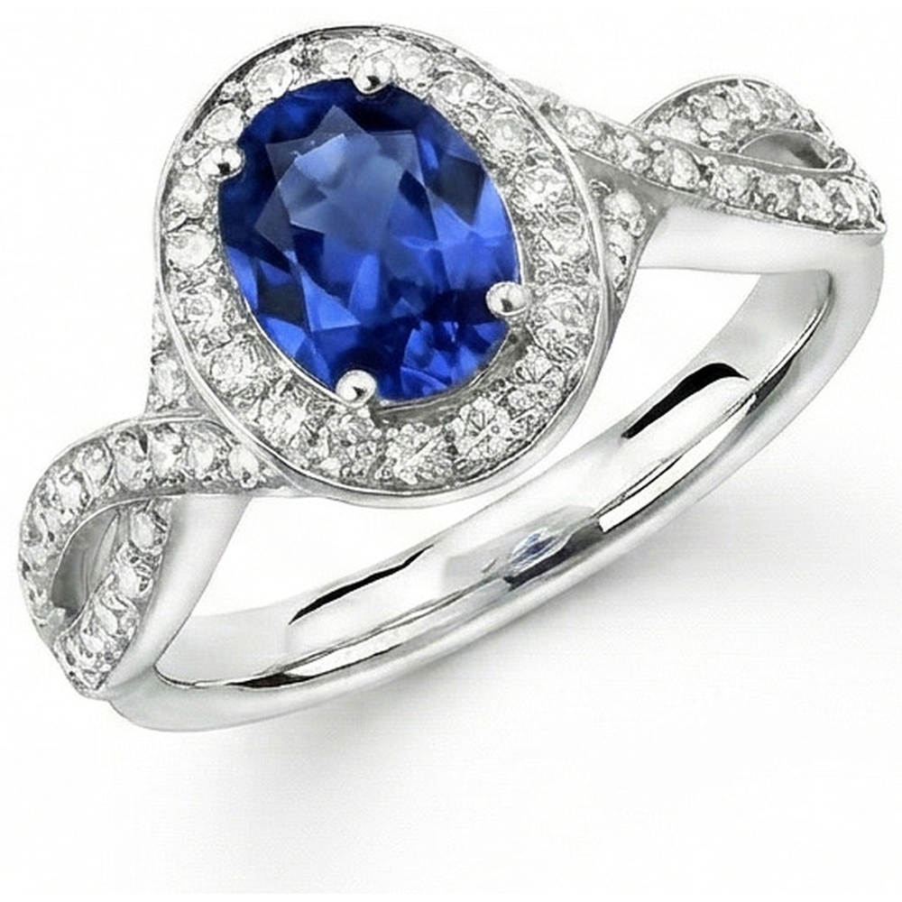 Oval Ceylon Sapphire & Round Natural Earth Mined Diamond Ring 1.55 Carat White Gold 14K