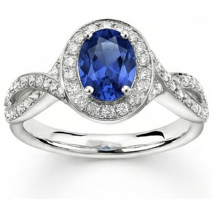 Oval Ceylon Sapphire & Round Natural Earth Mined Diamond Ring 1.55 Carat White Gold 14K