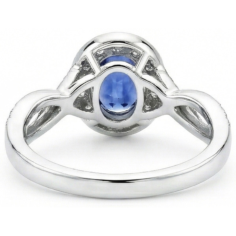Oval Ceylon Sapphire & Round Natural Earth Mined Diamond Ring 1.55 Carat White Gold 14K