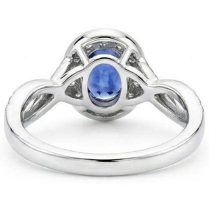 Oval Ceylon Sapphire & Round Natural Earth Mined Diamond Ring 1.55 Carat White Gold 14K
