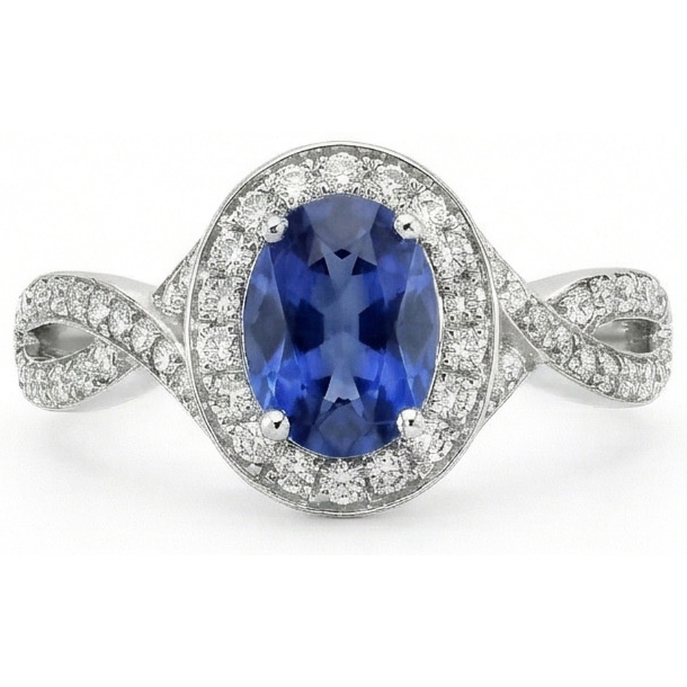 Oval Ceylon Sapphire & Round Natural Earth Mined Diamond Ring 1.55 Carat White Gold 14K