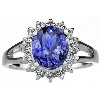 Oval Cut 22.75 Carats Tanzanite With Natural Earth Mined Diamonds Ring White Gold 14K