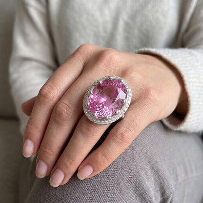Oval Cut 36.00 Carat Big Pink Kunzite Ring White Gold 14K