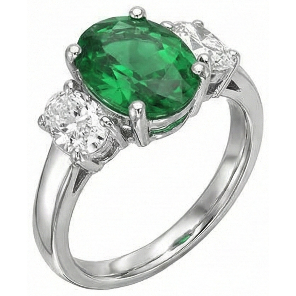 Oval Cut 6.50 Carats Green Emerald GIA And Natural Earth Mined Diamonds 3 Stone Ring White Gold 14K