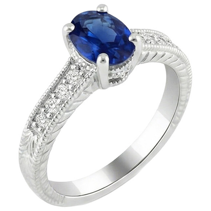 Oval Cut Blue Sapphire With Natural Earth Mined Diamond Ring 1.85 Carats White Gold 14K