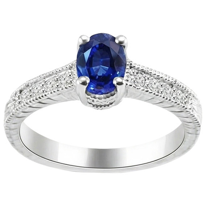 Oval Cut Blue Sapphire With Natural Earth Mined Diamond Ring 1.85 Carats White Gold 14K