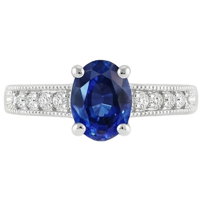 Oval Cut Blue Sapphire With Natural Earth Mined Diamond Ring 1.85 Carats White Gold 14K