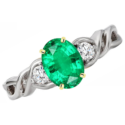 Natural Real ( Not Lab Grown ) Oval Cut Green Emerald GIA Ring Three Stone Twisted Shank Prong Set