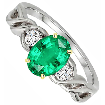 Natural Real ( Not Lab Grown ) Oval Cut Green Emerald GIA Ring Three Stone Twisted Shank Prong Set