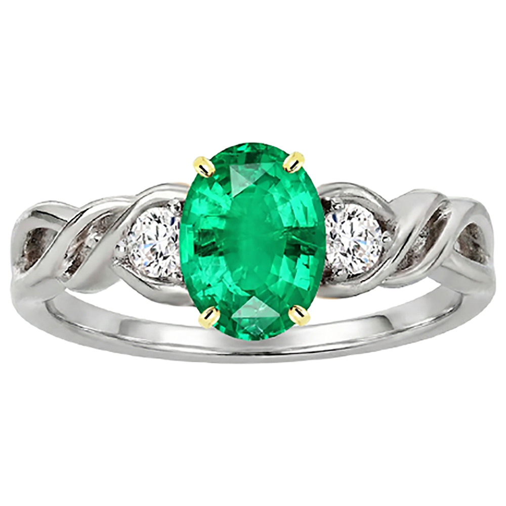 Natural Real ( Not Lab Grown ) Oval Cut Green Emerald GIA Ring Three Stone Twisted Shank Prong Set