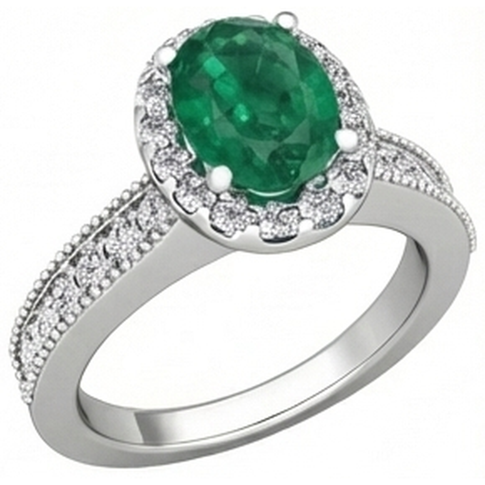 Oval Cut Green Emerald GIA With Round Natural Earth Mined Diamonds 4.75 Carats Ring 14K White Gold