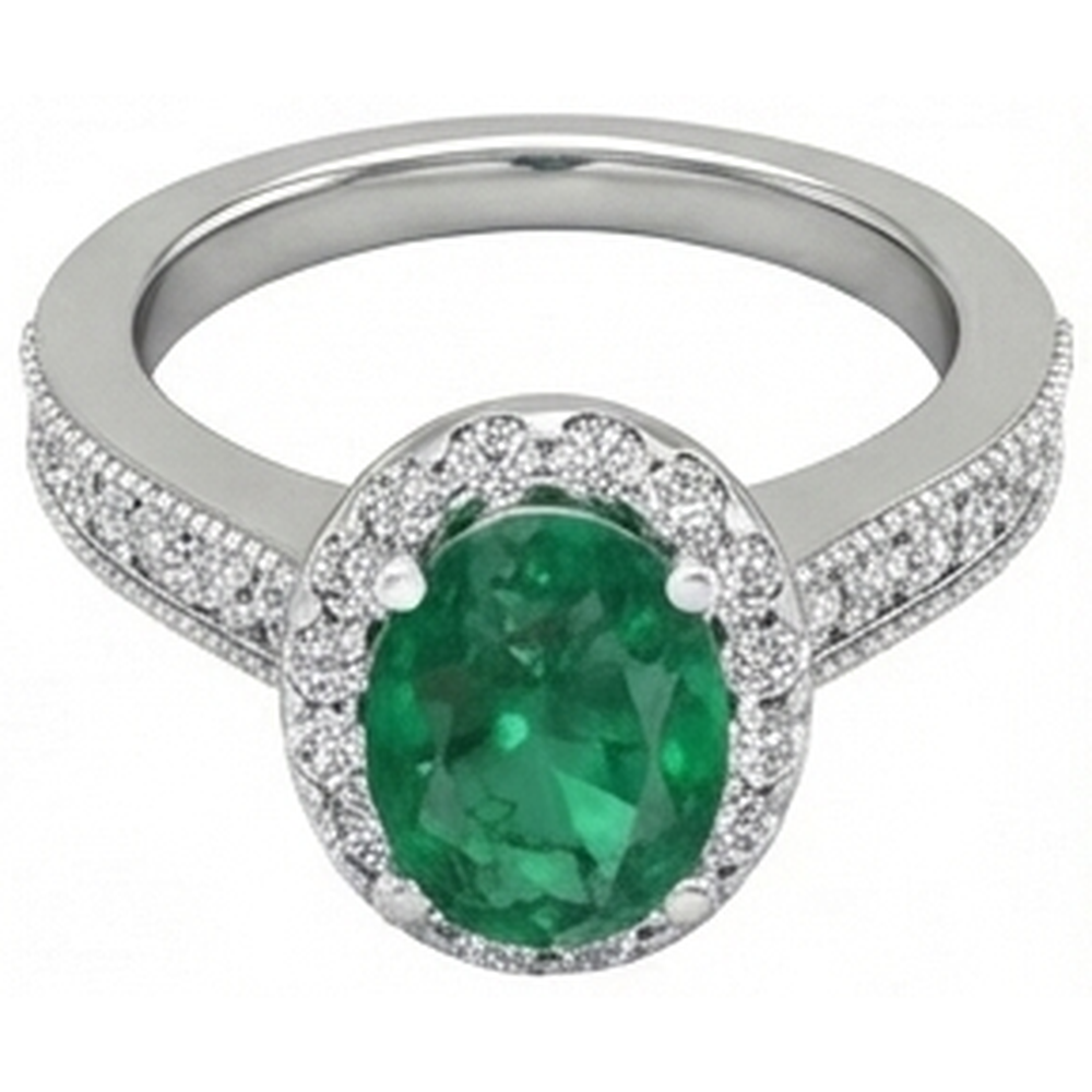 Oval Cut Green Emerald GIA With Round Natural Earth Mined Diamonds 4.75 Carats Ring 14K White Gold