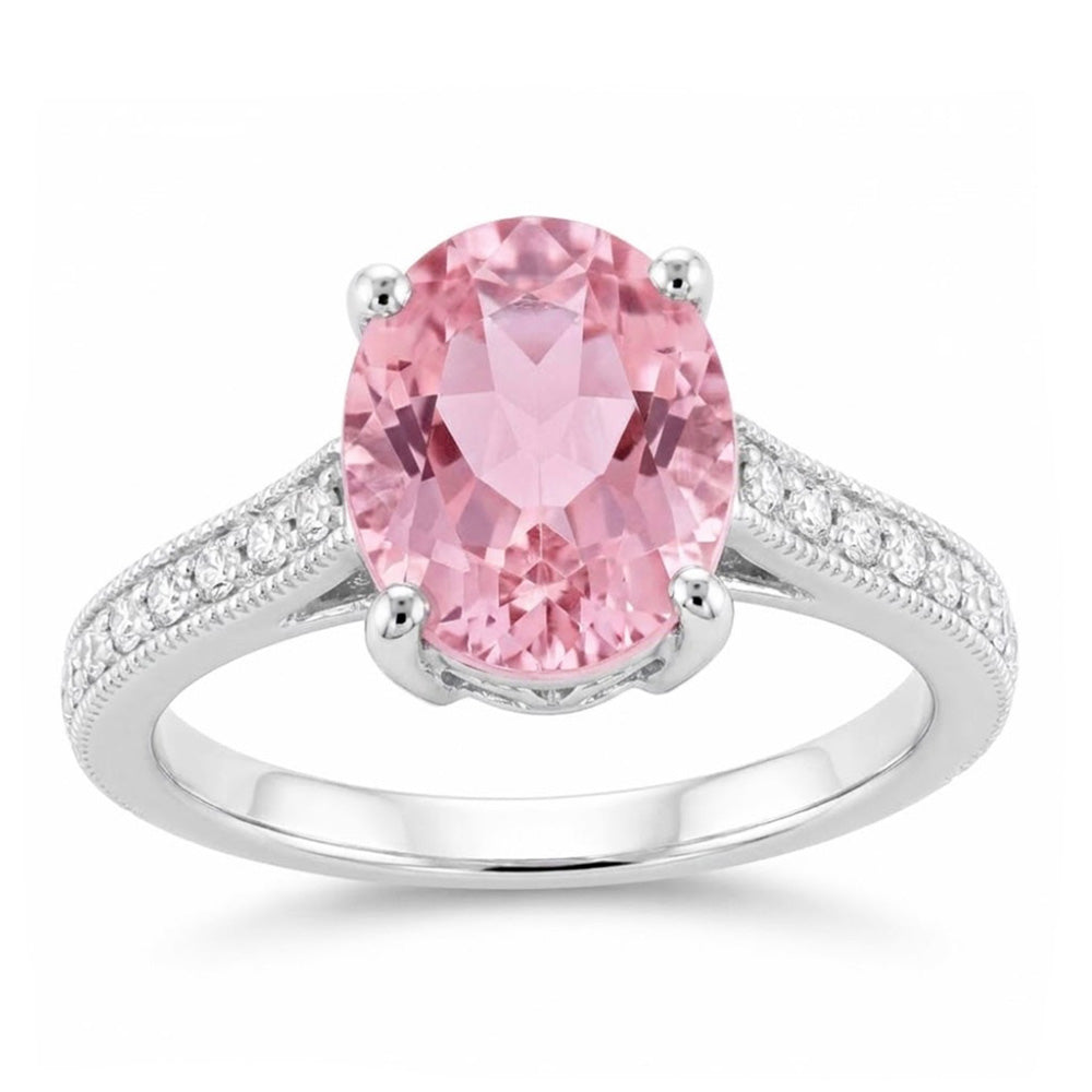 Oval Cut Pink Kunzite And Natural Earth Mined Diamond Ring White Gold 14K 10.50 Ct
