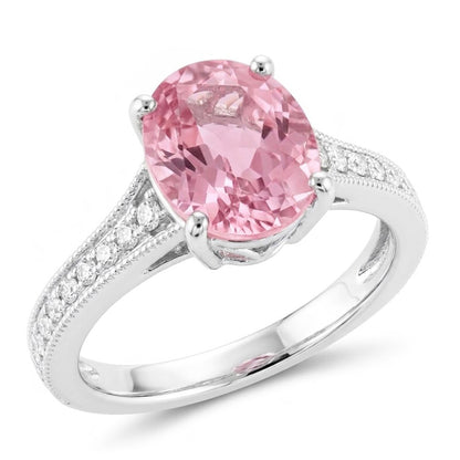 Oval Cut Pink Kunzite And Natural Earth Mined Diamond Ring White Gold 14K 10.50 Ct