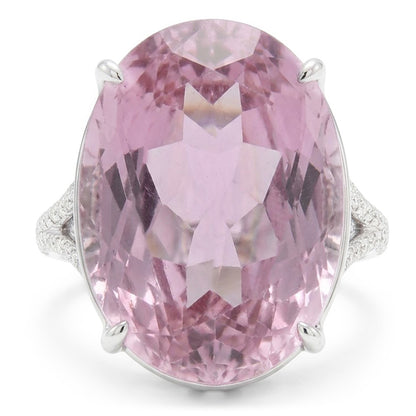 Oval Cut Pink Kunzite Natural Earth Mined Diamond Gemstone Ring 20.50 Ct White Gold 14K
