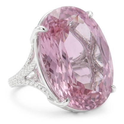 Oval Cut Pink Kunzite Natural Earth Mined Diamond Gemstone Ring 20.50 Ct White Gold 14K