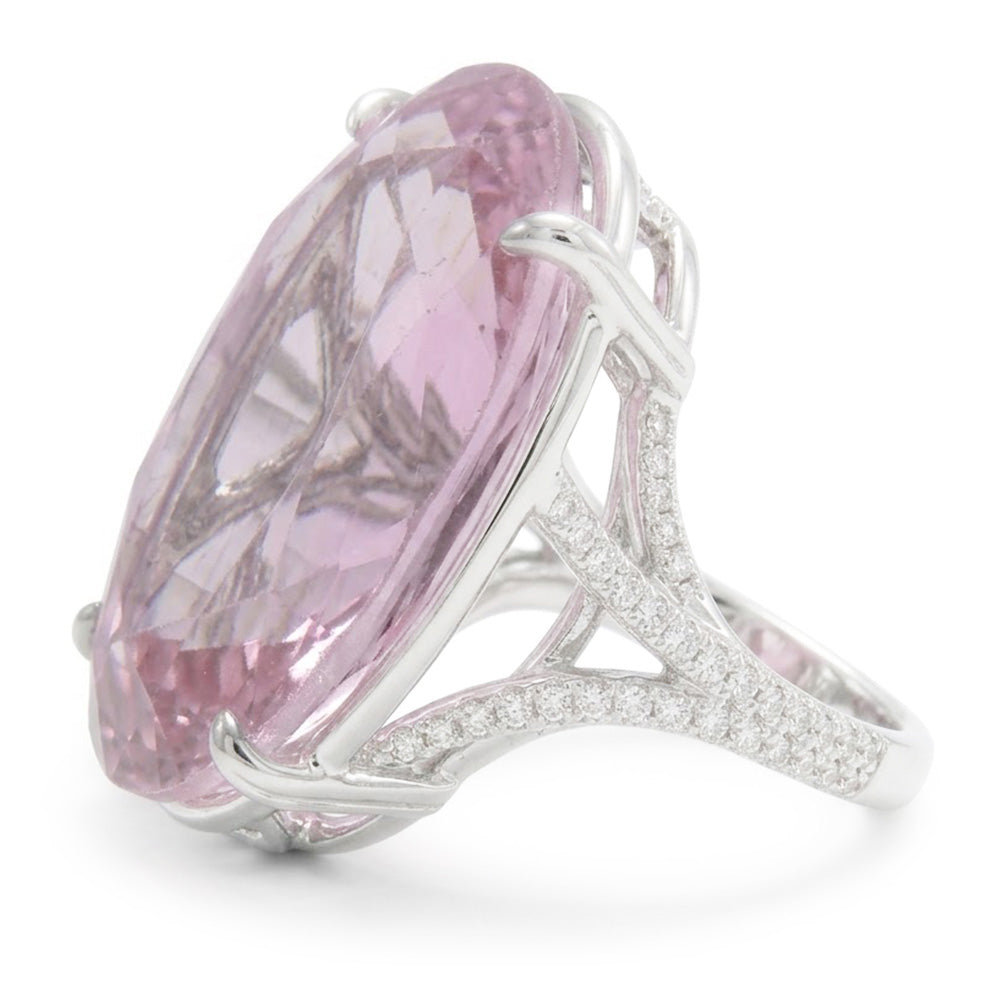 Oval Cut Pink Kunzite Natural Earth Mined Diamond Gemstone Ring 20.50 Ct White Gold 14K