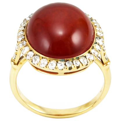 Oval Cut Red Coral And Round Natural Earth Mined Diamonds 14 Ct Ring Yellow Gold 14K