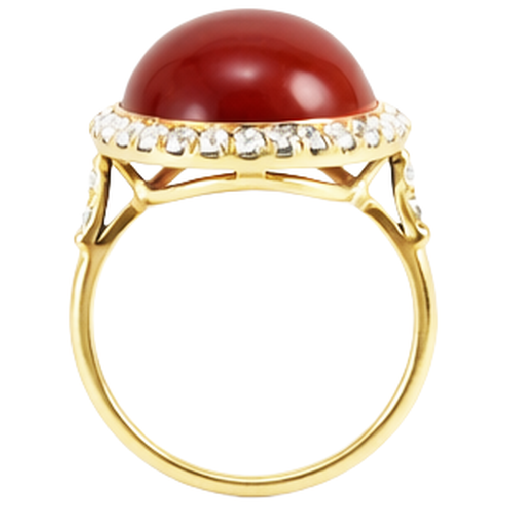 Oval Cut Red Coral And Round Natural Earth Mined Diamonds 14 Ct Ring Yellow Gold 14K