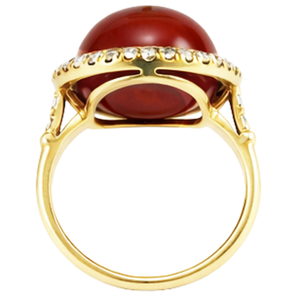 Oval Cut Red Coral And Round Natural Earth Mined Diamonds 14 Ct Ring Yellow Gold 14K