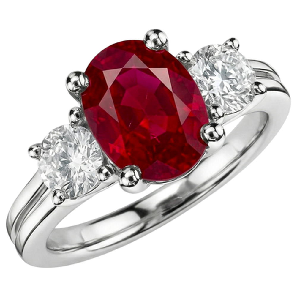 Oval Cut Red Ruby And Natural Earth Mined Diamond Three Stone Ring Gold 14K 1.80 Carats