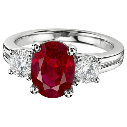 Oval Cut Red Ruby And Natural Earth Mined Diamond Three Stone Ring Gold 14K 1.80 Carats