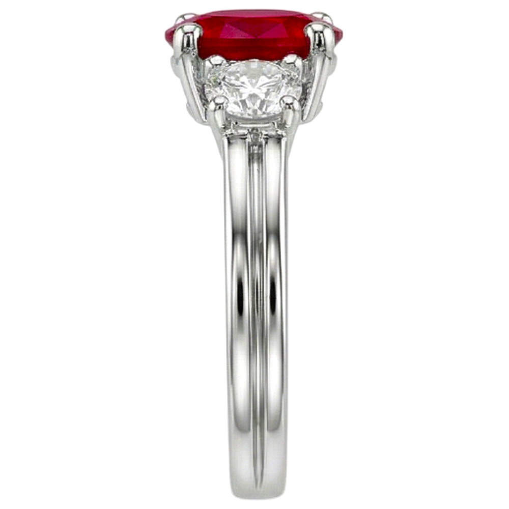 Oval Cut Red Ruby And Natural Earth Mined Diamond Three Stone Ring Gold 14K 1.80 Carats