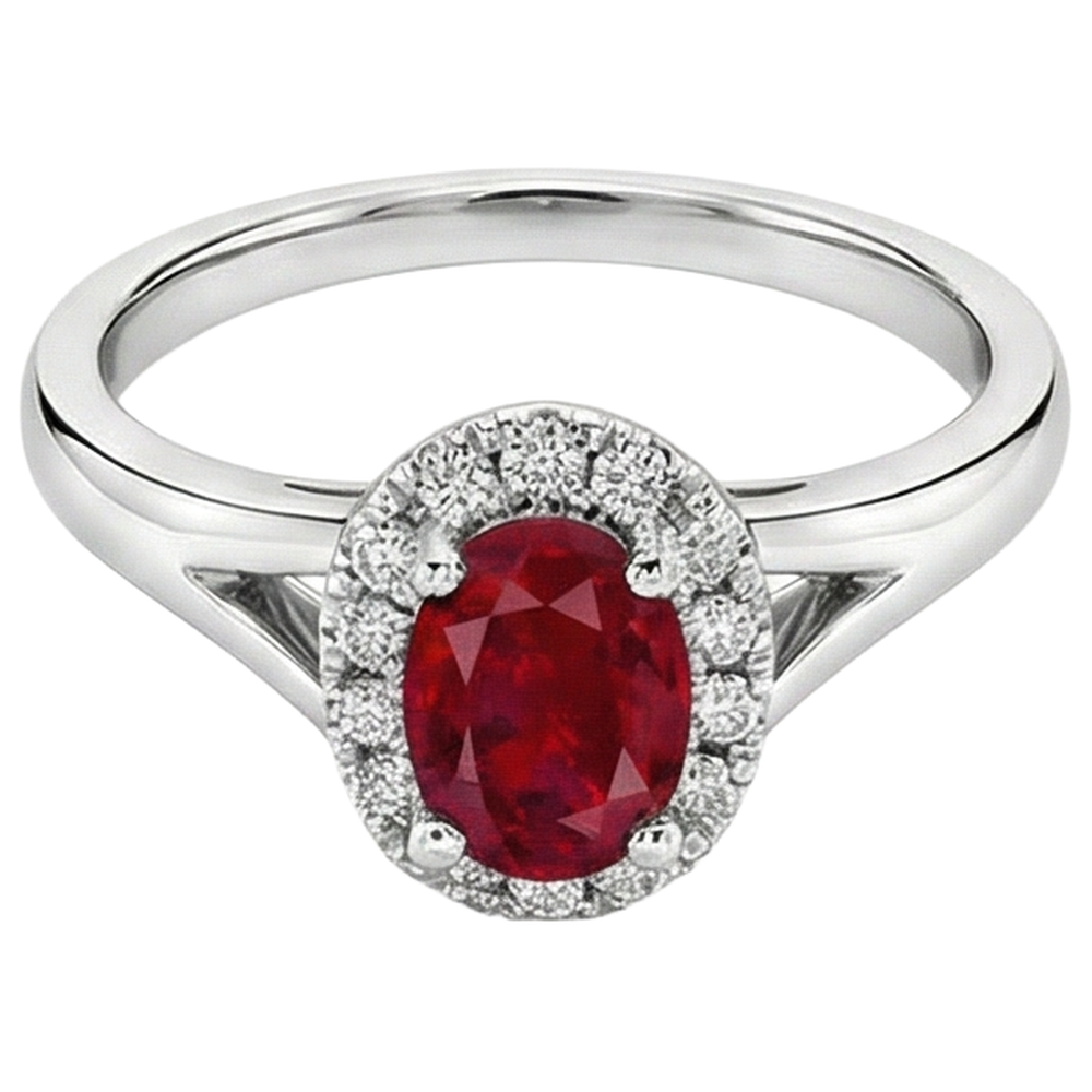 Oval Cut Red Ruby And Round Natural Earth Mined Diamond Ring White Gold 3.25 Carats