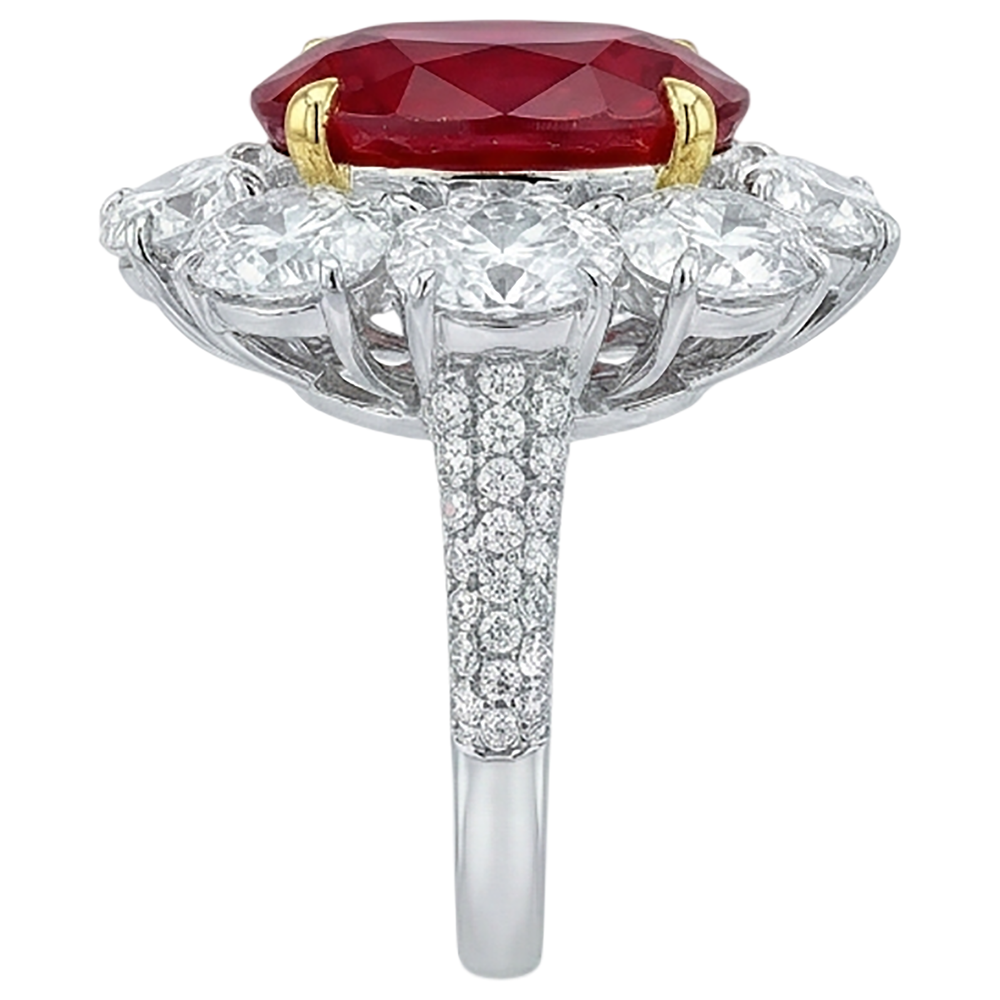 Oval Cut Red Ruby With Round Natural Earth Mined Diamond Ring 4.50 Carats Gold 14K