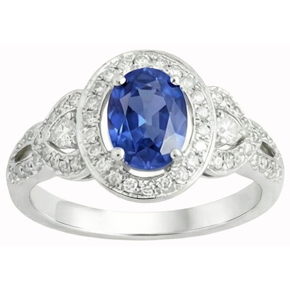 Oval Cut Sri Lanka Sapphire And Natural Earth Mined Diamond Ring White Gold 14K 3 Ct