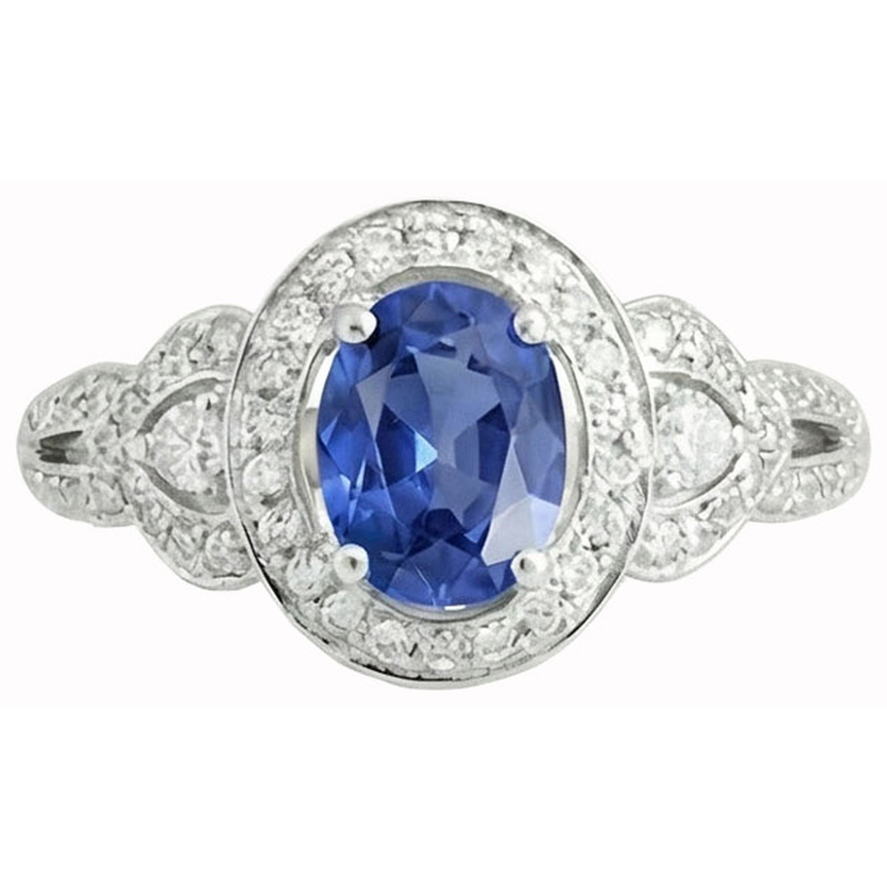 Oval Cut Sri Lanka Sapphire And Natural Earth Mined Diamond Ring White Gold 14K 3 Ct