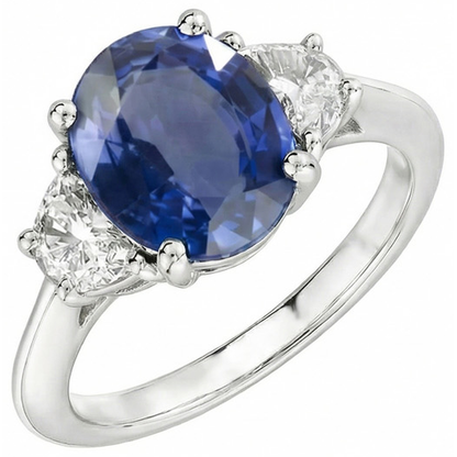 Oval Cut Sri Lanka Sapphire & Natural Earth Mined Diamond 3 Stone Ring 2 Carats WG 14K