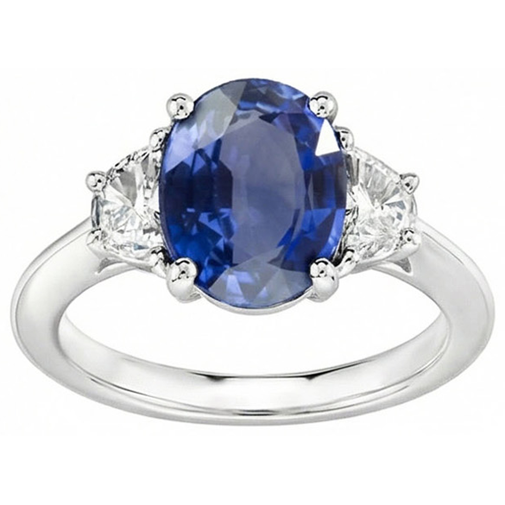 Oval Cut Sri Lanka Sapphire & Natural Earth Mined Diamond 3 Stone Ring 2 Carats WG 14K
